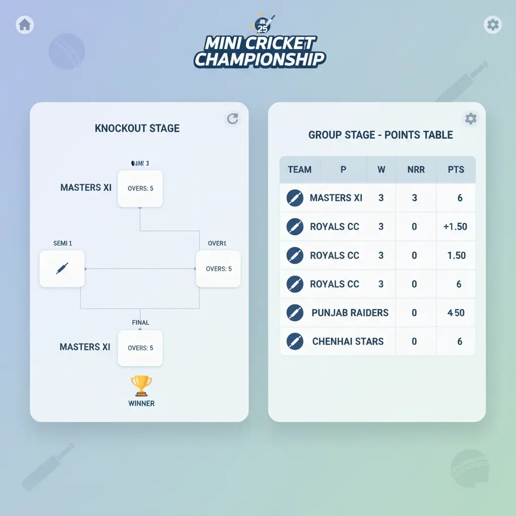 mini cricket tournament format inspired by Real Cricket 25