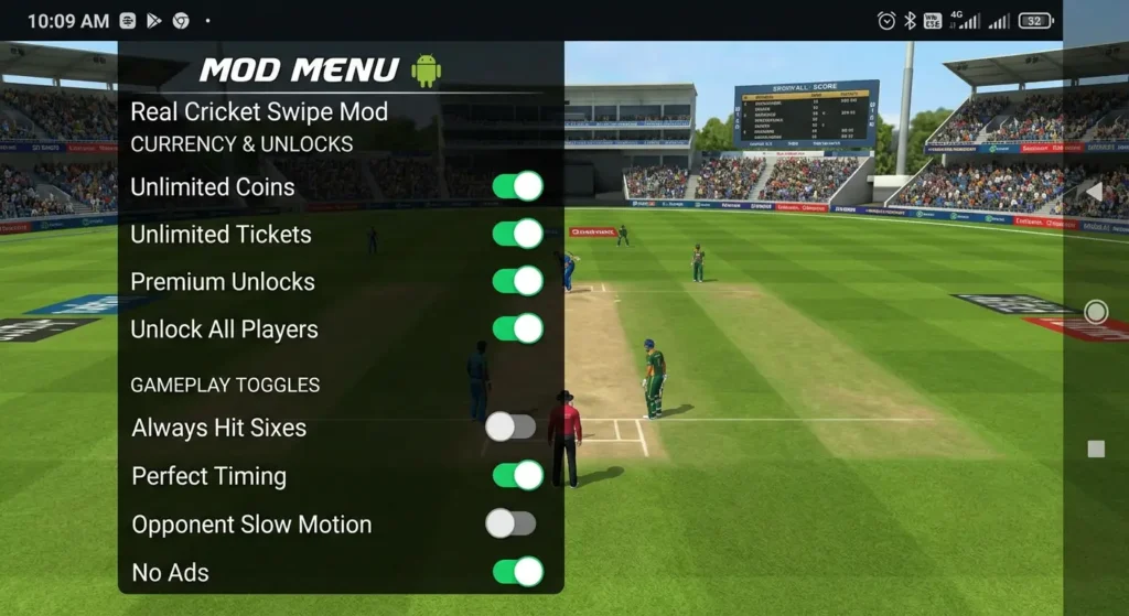 RC Swipe Mod Menu showing unlocked features like coins, tickets, and premium content
