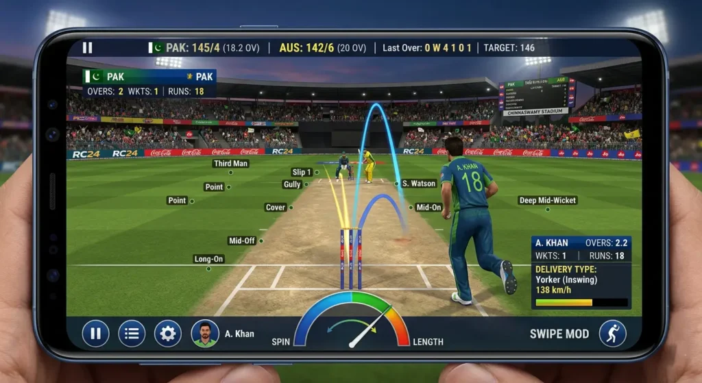 Real Cricket Swipe Mod bowling screen showing trajectory and field placement