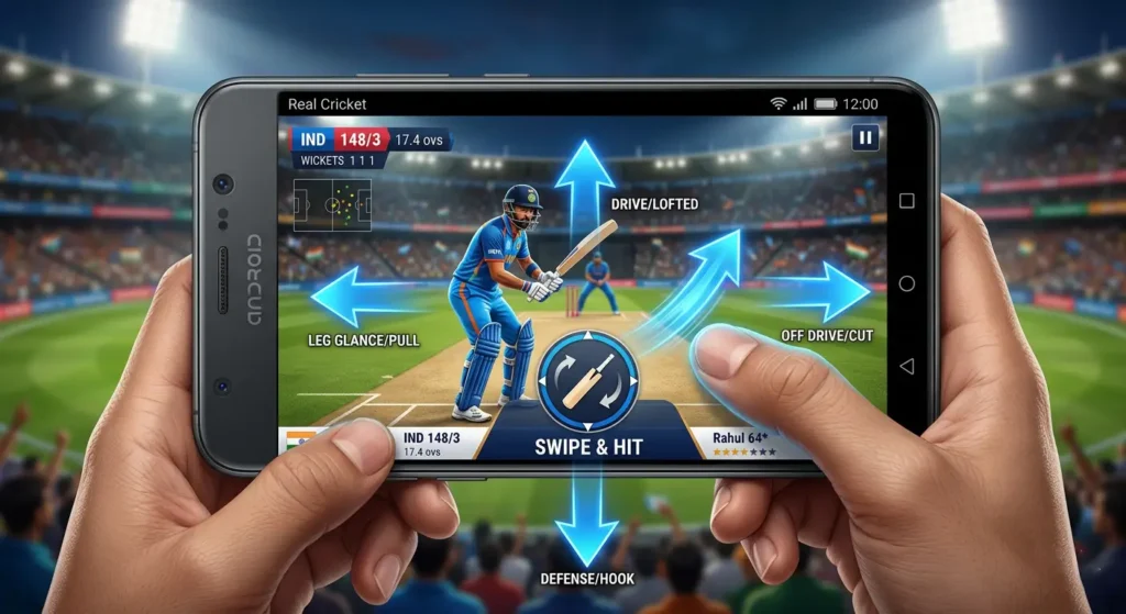 Swipe Cricket batting controls on Android showing swipe gestures and timing